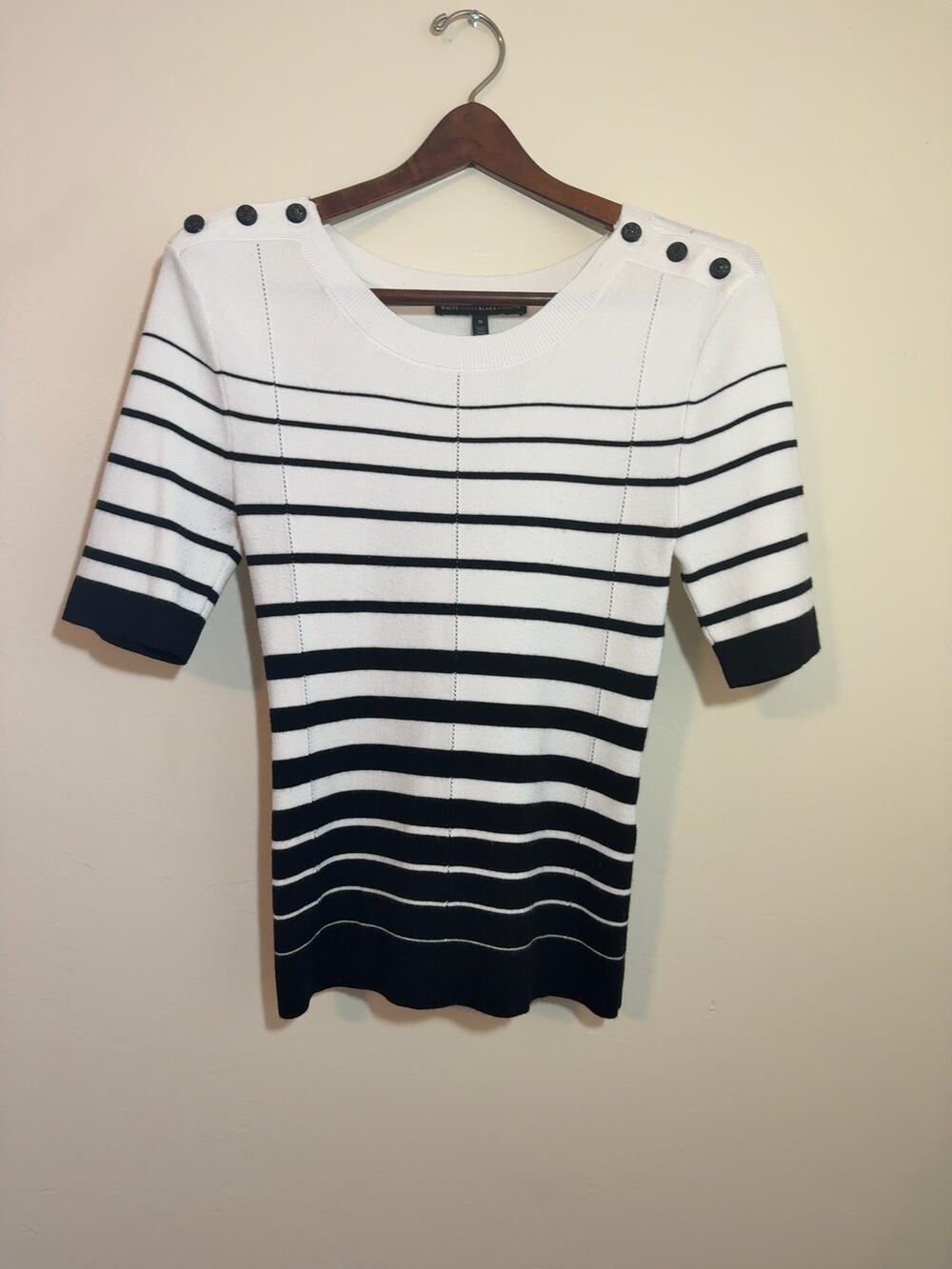 White House Black Market Women's M Striped Button Shoulder Rayon Blend Sweater